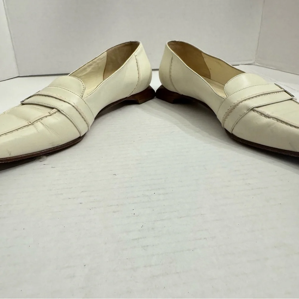 CHANEL Sz 37.5 Off White Calfskin Square Toe Slip on LOAFERS Low Heel Italy LUX